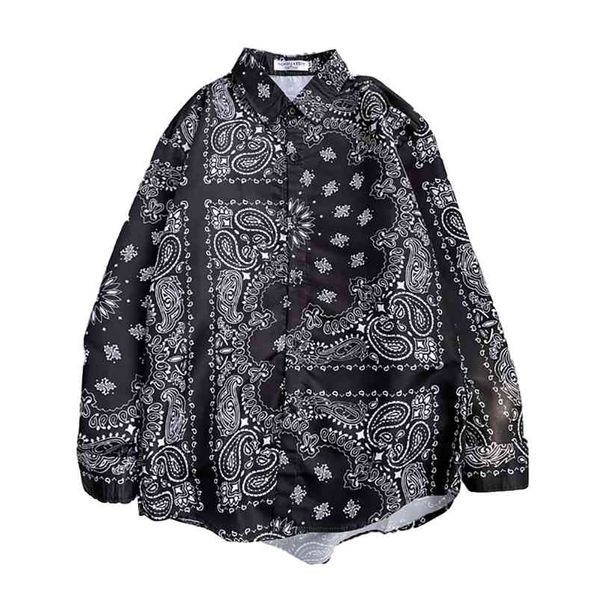 Camisas Masculinas de Oversize Bandana Paisley Harajuku Hip Hop Masculino Cardigan Manga Longa Marca Roupas Hawaiian Verão 210721