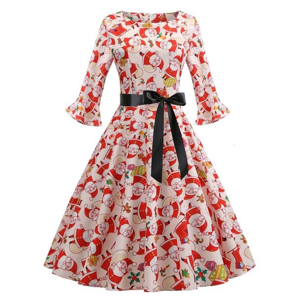 

christmas winter round neck ruffle sleeve old print large swing, White;black
