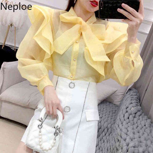 

women's blouses & shirts neploe women elegant blouse spring autumn bow tie collar long sleeve blusas ruffle patchwork korean sweet 5900, White