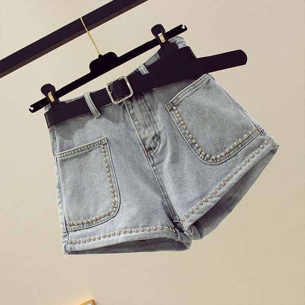 

women's shorts denim 2020 summer new large size fat mm high waist pants a-line wide leg loose outer wear fashion beads, White;black