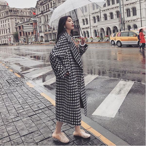 

women's wool & blends 2021 women coat plaid elegant loose long woolen coats winter over the knee checked for, Black