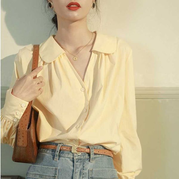 

women's t-shirt spring blouse lantern sleeve doll collar shirt women french design niche retro temperament exposed clavicle 5d, White