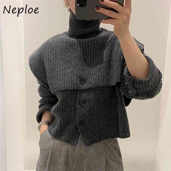 

solid color chic 2 piece set o-neck all-match single breasted cardigans women + detachable turtleneck knitted capes suit 210422, White;black