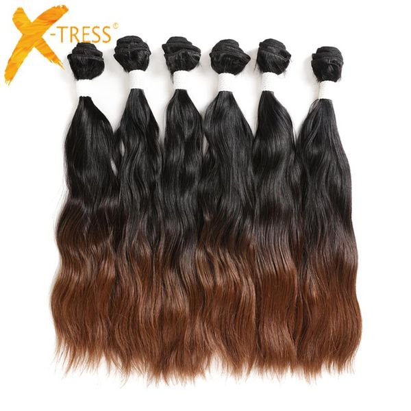 

ombre black brown synthetic hair weaves 6 bundles 14-20inch x-tress natural wave soft sew-in weft extensions for full head human ponytails