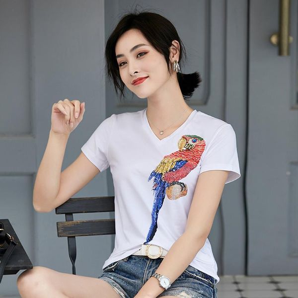 

summer short sleeve t-shirt female fashion cartoon heavy beaded v-neck large parrot wild blouses women's, White