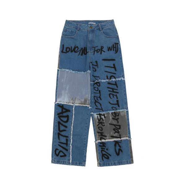 

men's jeans eukaaru letter graffiti color contrast stitching patch man denim streatwear baggy straight pants women boyfriend, Blue
