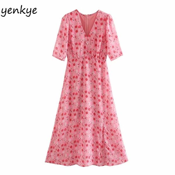 

women pink floral print v neck short sleeve slits midi a-line chiffon dress female summer elegant party vestido 210514, Black;gray
