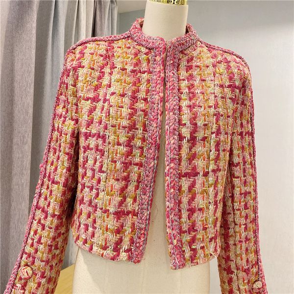 Neue frühling herbst mode frauen stehkragen rosa mischungsfarbe tweed woll langarm hohe taille kurze jacke mantel casacos SML