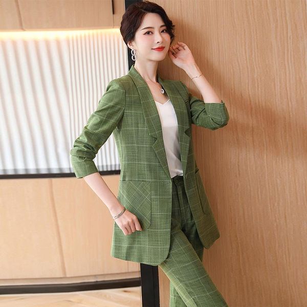 

elegant women's pants suits autumn and winter big pocket plaid ladies jacket casual slim trousers business wear two-piece suit two piec, White