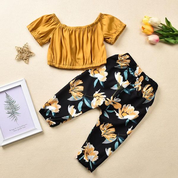 

clothing sets toddler baby girl summer clothes off shoulder ruched solid short sleeve floral bow pants set kids vetement fille, White