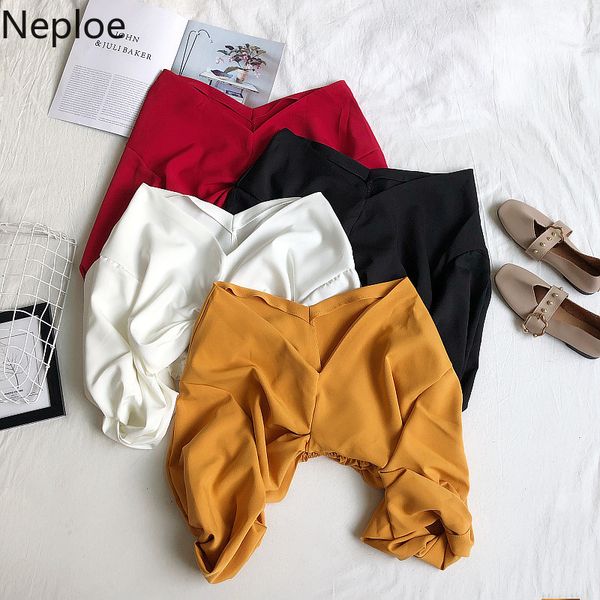 

neploe v neck off shoulder puff long sleeve blouse women korean tie design slim short blusas spring 2021 new shirt 49109, White