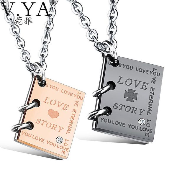 

v.ya love story necklace stainless steel men 45cm/50cm link chain zircon square pendant for women lover jewelry necklaces, Silver
