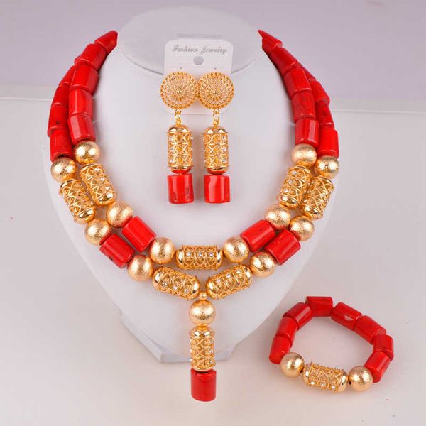 Red Coral Jewelry Nigéria Coral Beads Nupcial Colar De Coral Set Africa Conjuntos de Jóias de Casamento H1022