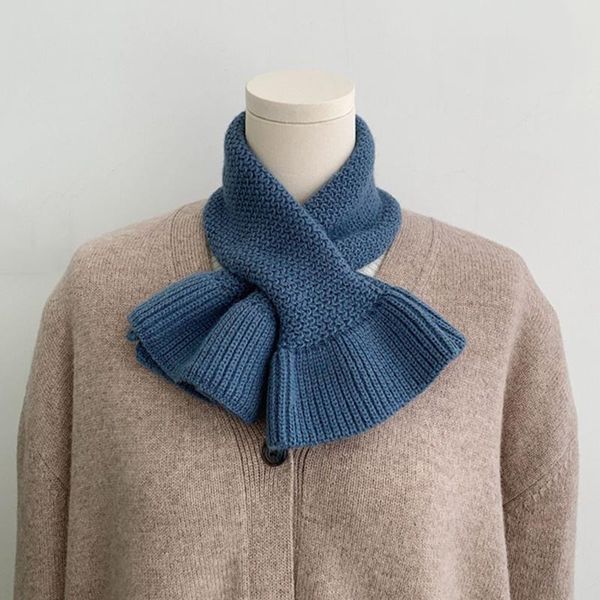 

scarves korean female mermaid cross knitted wool warm scarf winter solid color thicken elastic false collar neck guard shawl n65, Blue;gray