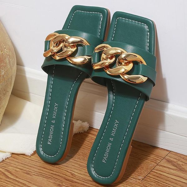 

slippers summer women vogue chain design charm open toe flat sandals solid color outdoor personality shoes, Black