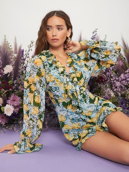 

x elepetrella floral print flounce sleeve romper n308#, White