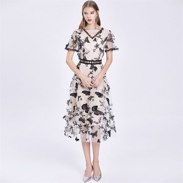 

fashion designer summer maxi dress women slim mesh butterfly embroidery v -neck ladies long dresses 210520, Black;gray