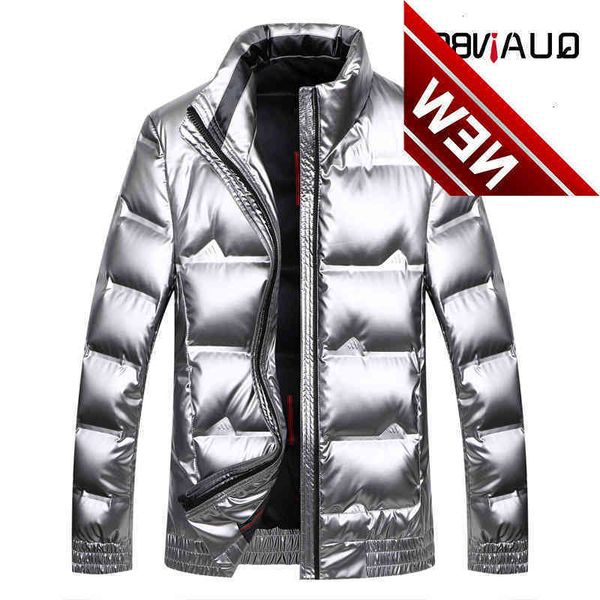

quanbo silver shiny men's winter coat fashion stand collar warm thicken white duck down short puffer jacket men parka, Black