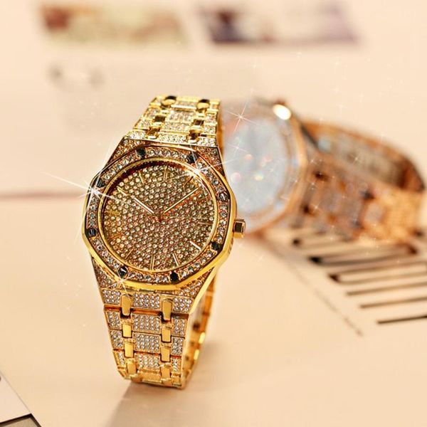 Moda Relógio Homens Golden Sparkle Diamante Luxo Clássico Designer de Aço Inoxidável Aço Inoxidável Relógios De Ouro Para Reloj Hombre Relógios De Pulso