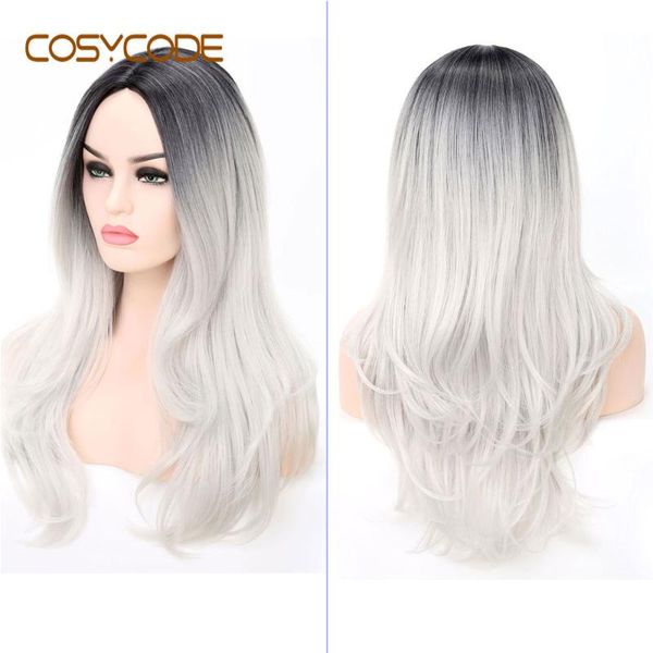 

synthetic wigs cosycode 24'' black to silver wig middle part wavy for women average size cosplay