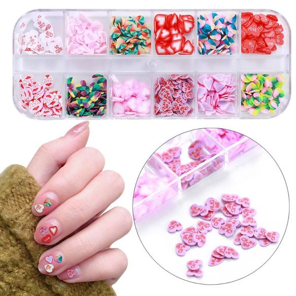 

nail art decorations 12 grids a box of colourful love heart soft pottery patches mixed type 3d design decoration accesoires ongles diy, Silver;gold