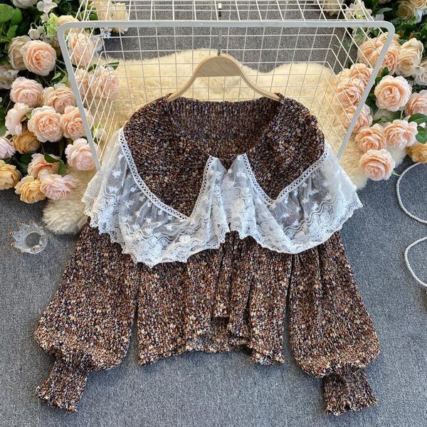 

spring autumn style lace blouse female ruffled large lapel puff sleeve pleated blusa floral chiffon shirt c261 women's blouses & shirts, White