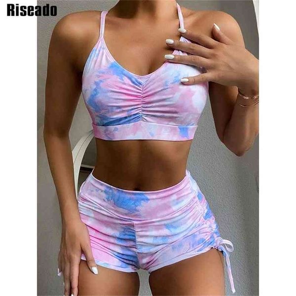 

riseado bikinis set tie dye high waisted swimsuits push up swimwear women ruched tie-waist beach wear boyleg summer 210407, White;black