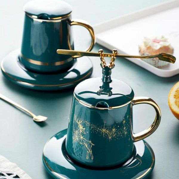 

mugs ceramic coffee cup with lid and spoon set milk afternoon tea christmas creative gift nordic style elk phnom penh mug