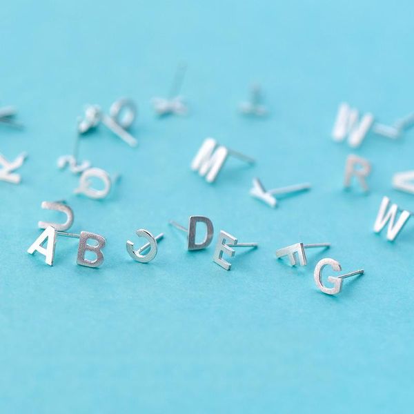 

stud mloveacc 100% 925 solid real sterling silver brushed finish a~z 26 english alphabet letters earrings for women girls, Golden;silver