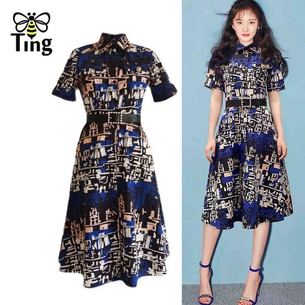 

vintage elegant printing turn down collar single breasted dress with belt casual a line dresses plus size frocks lady za 210513, Black;gray