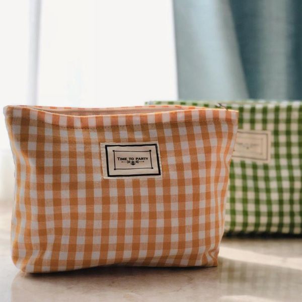 

korean plaid cotton cosmetic bag retro make up large capacity women travel pouch beauty storage bags female clutch & cases