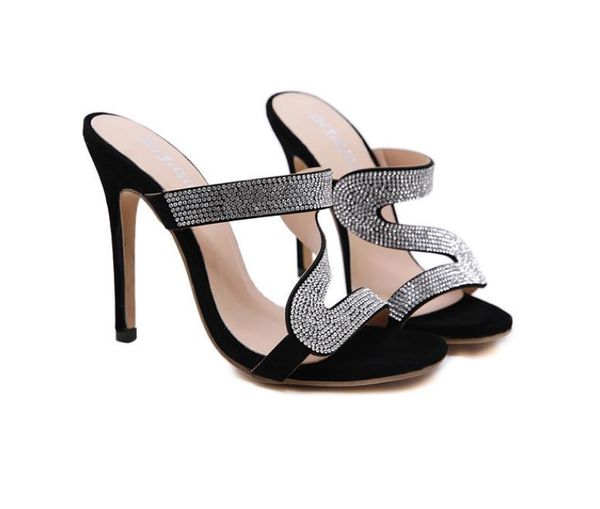 

european and american rhinestone sandals with high heels are comfortable versatile slipper fashion selling slippers, Black