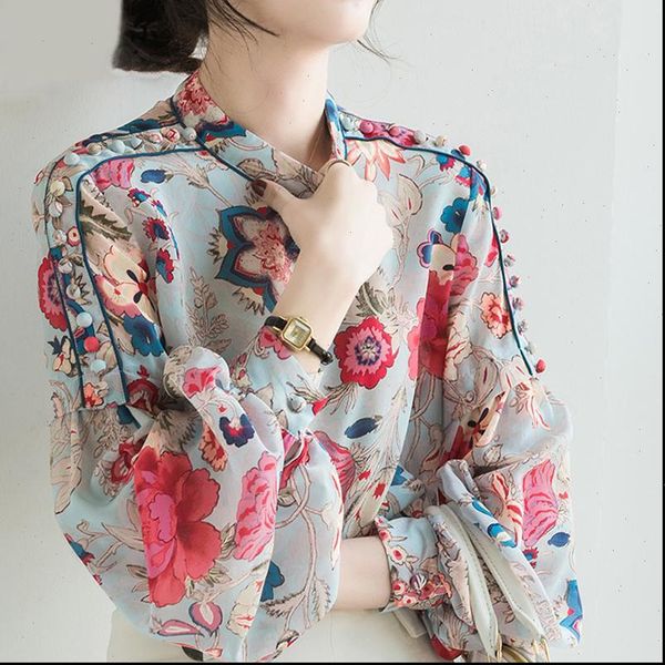 

floral print womens blouses chiffon blouse long sleeve women lantern office lady casual summer fashion female loose, White