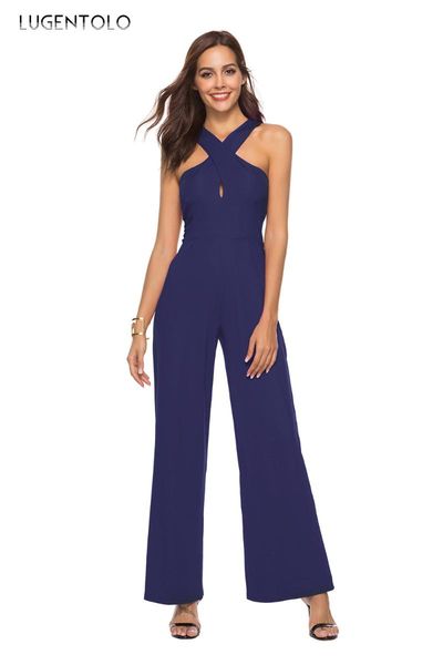 

women's jumpsuits & rompers lugentolo women jumpsuit strapless rear fork solid chest wrap sleeveless halter elegant lady fashion, Black;white