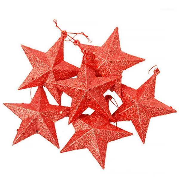 

christmas decorations 6pcs with gold five-pointed star plastic festival mini lightweight tree cute1