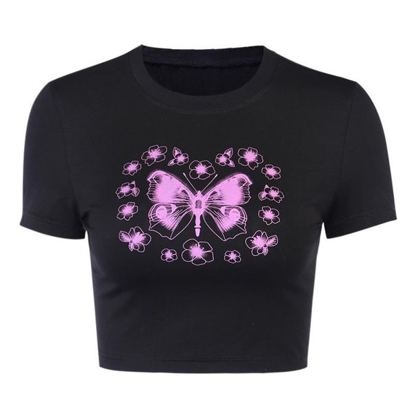 

women's t-shirt fanco women summer t shirt 2021 ultra-short navel o neck butterfly print female casual black short-sleeved top, White