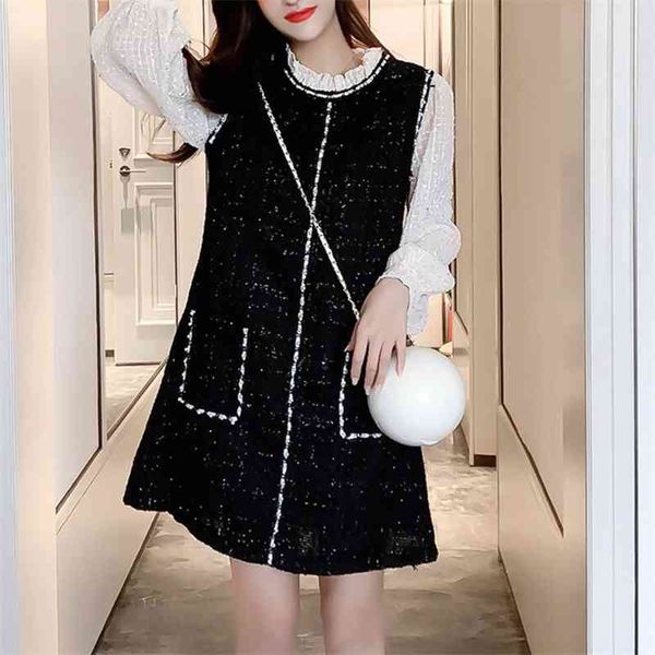 

fake two piece patchwork tweed woolen dress women long sleeve vintage sequins korean elegant vestido da festa winter 210520, Black;gray