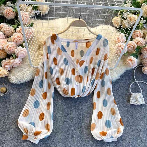 

lady fashion dot print sweet chiffon long sleeve shirt women v-neck breasted slim short pleated spring clothes blouse q883 210527, White