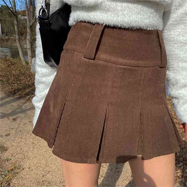 

vintage 90s brown corduroy y2k aesthetic high waisted e girl short pleated skirts women black mini skirt kawaii clothes 210510