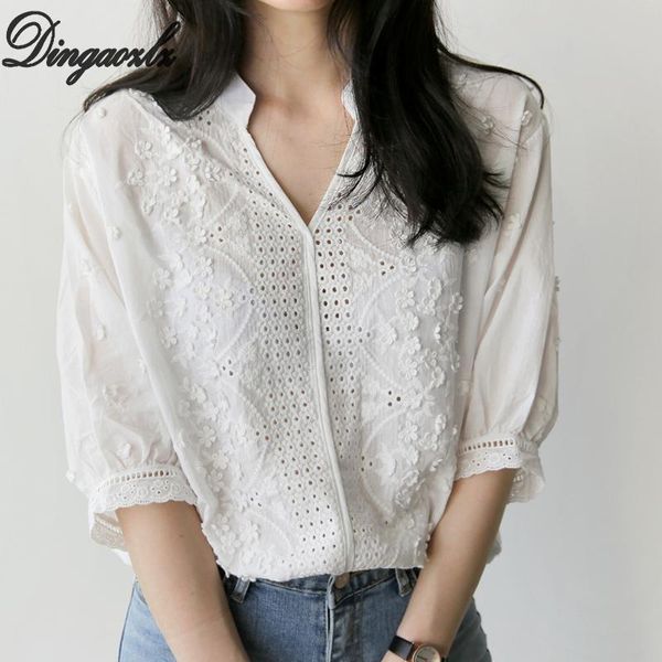 

women's blouses & shirts dingaozlz korean retro 2021 spring autumn white shirt loose embroidery lace v-neck hollow women blouse