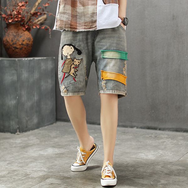 

women's jeans summer arts style women elastic waist vintage denim shorts feminino patchwork embroidery ripped plus size s839 12d1, Blue