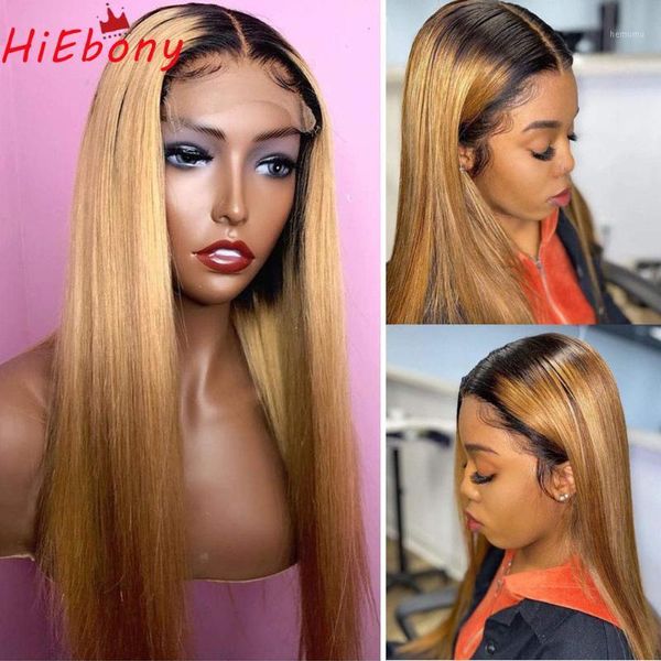 

hiebony preplucked lace front wig 1b/27 ombre straight glueless remy hair honey wigs deep parting with baby hair1, Black;brown