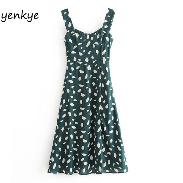 

sleeveless summer dress women vintage print green sling lady hem slits a-line midi chiffon omzz6902 210514, Black;gray