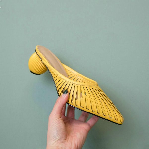 

hollow genuine leather outdoor high heels slippers women mules yellow elegant party pointed toe summer shoes big size 42 43, Black