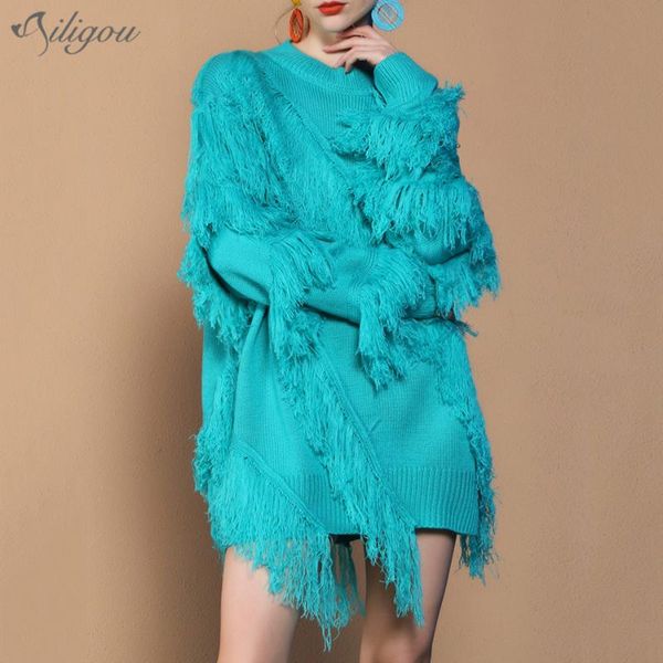 

women's sweaters ailigou 2021 sky blue casual sweater knit pullover fashion clothing women summer tassel, White;black