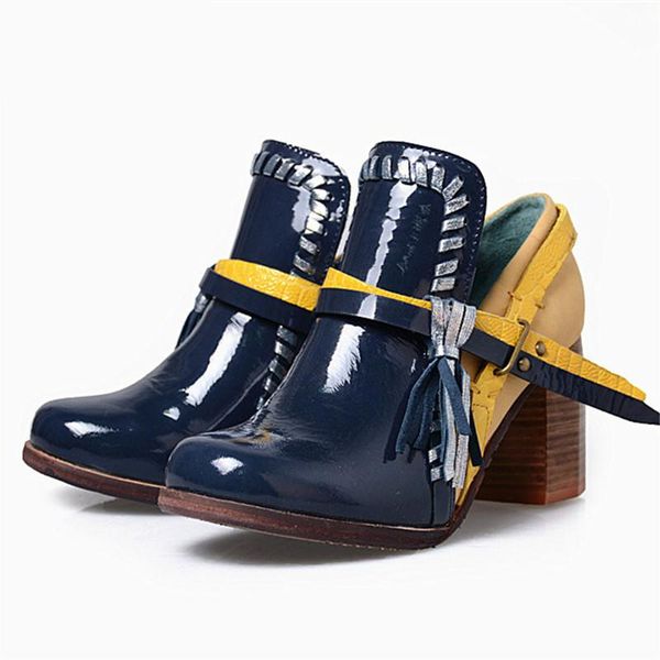 

blue chunky high heel shoes woman mixed color tassels women pumps female fringed short ankle boots valentine dress, Black