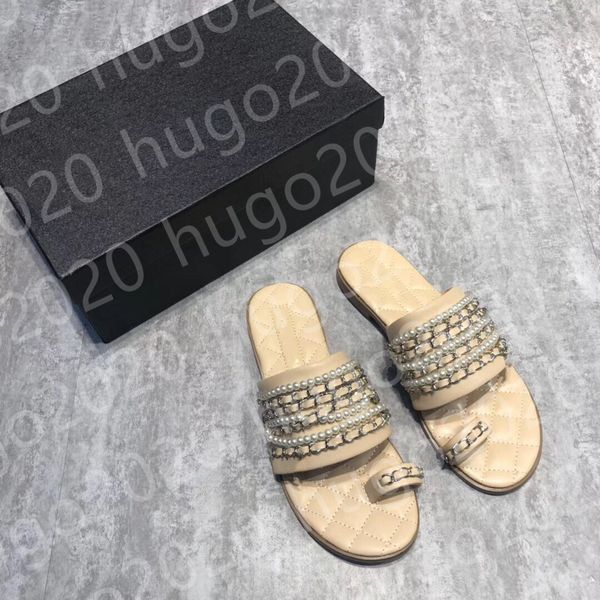

small fragrance pearl chain slippers women flat bottom summer beach wear all-match roman sandals women, Black