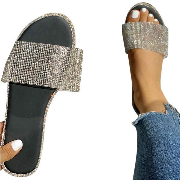 

slippers 2021 summer shoes women luxury designer open toe flat mules glitter bling crystal slides indoor&outdoor, Black