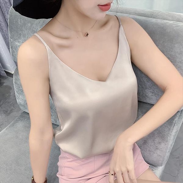 

korean silk v neck women cami satin sleeveless black tees halter plus size elegant white