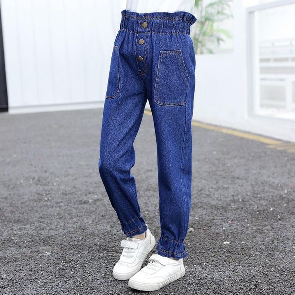 

jeans ins korean high waist lace girls 3-13 years old children's clothing spring and autumn solid denim pants casual clothes, Blue